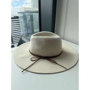 Zara Womens Off White Wide Brim Fedora Hat Cream Felt Brown Cord Size S 56cm
